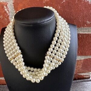 VINTAGE GOLD PLATED AND FIVE STRAND CREAM FAUX PEARL NECKLACE